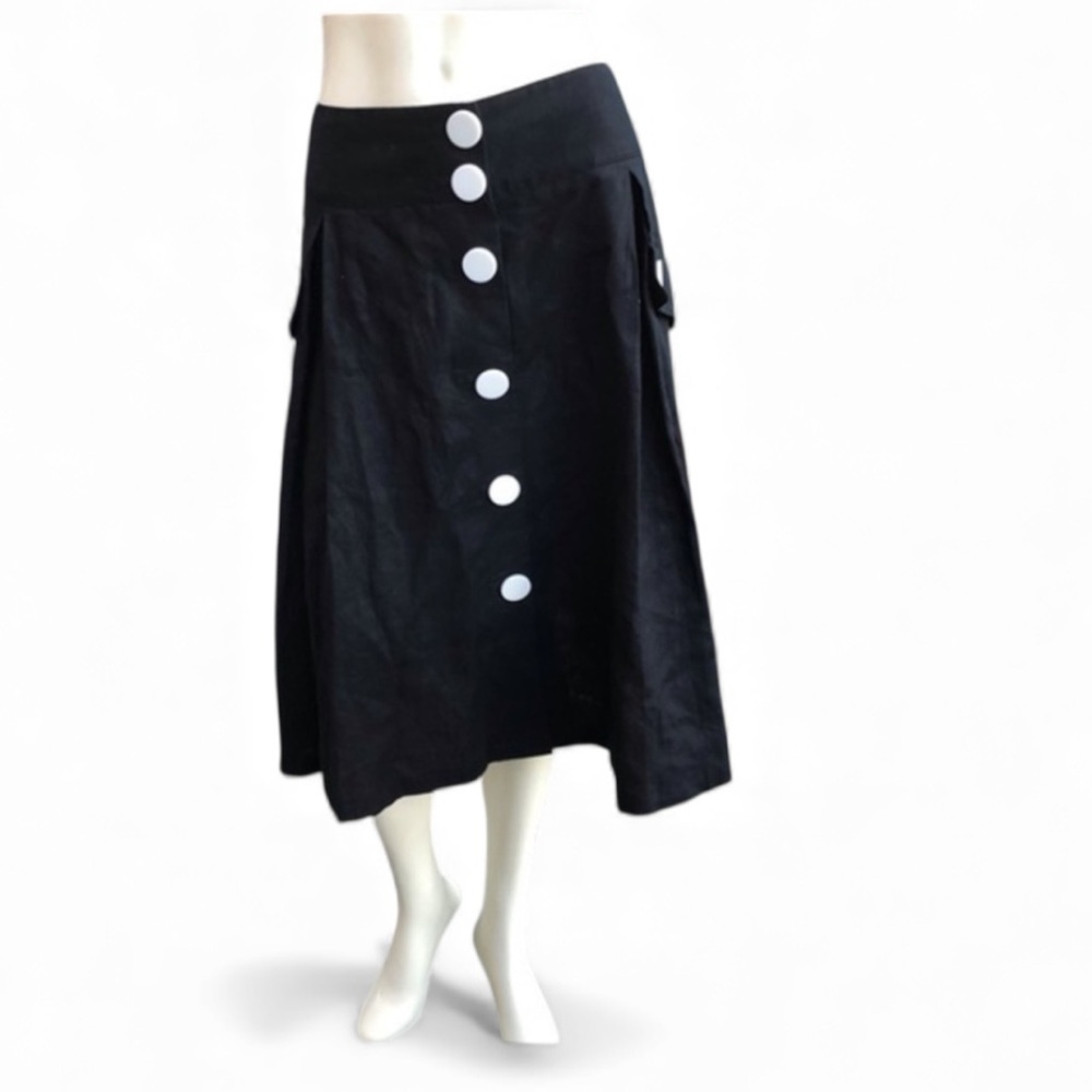 Black Linen skirt with white buttons on front. MIDI A Shape - Picture 2 of 6